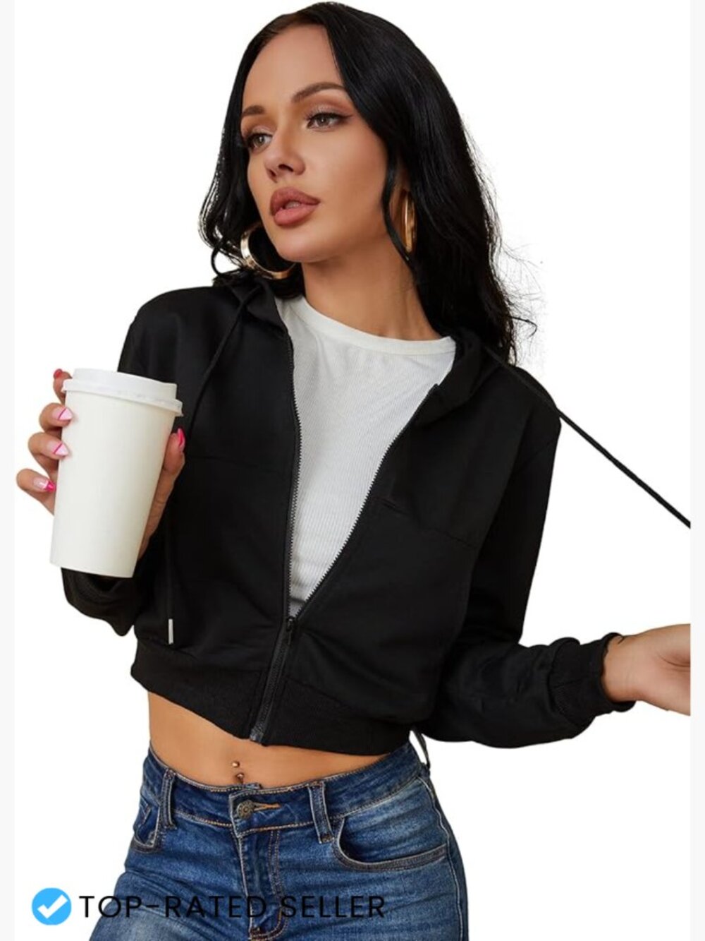 Cropped Zip Up Hoodie Womens Casual Drawstring Long Sleeve Slim Fit Cardigan